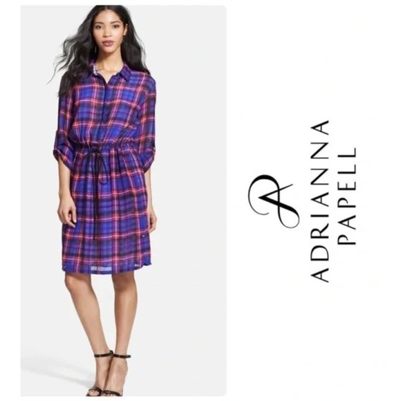 Adrianna Papell Plaid Overlay Drawstring Shirt Dress Roll-Tab Sleeve - Large - Picture 1 of 14